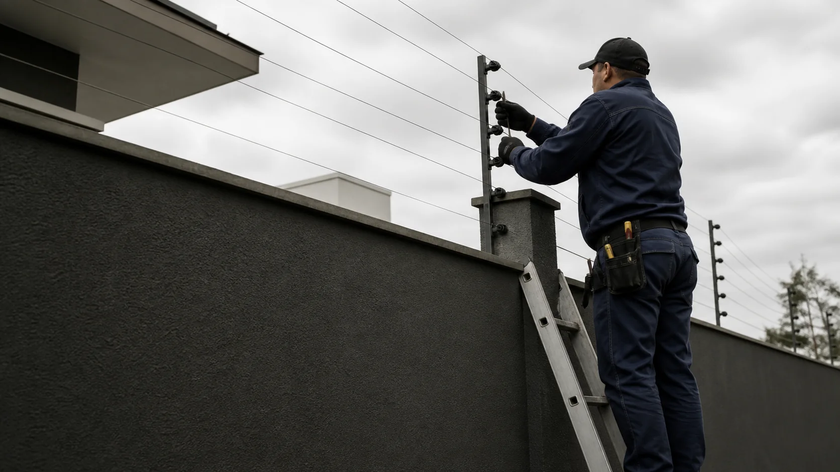Técnico instalando cerca elétrica em um perímetro